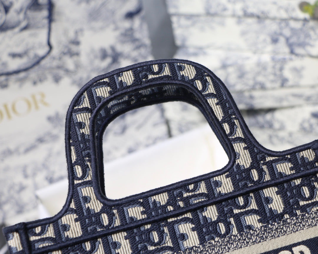 Blue Oblique Embroidery Mini Book Tote Leather Mini Bag for Women
