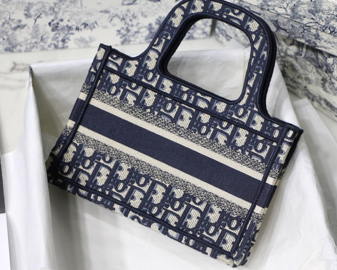 Blue Oblique Embroidery Mini Book Tote Leather Mini Bag for Women