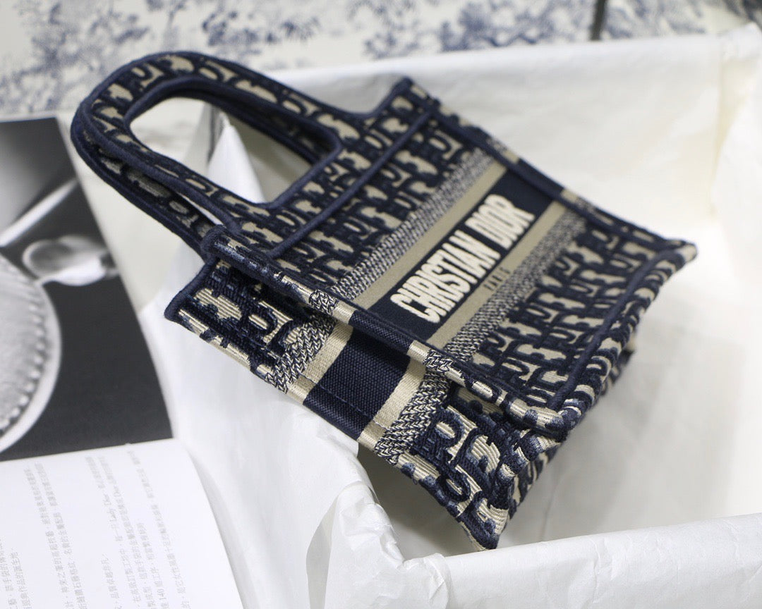 Blue Oblique Embroidery Mini Book Tote Leather Mini Bag for Women