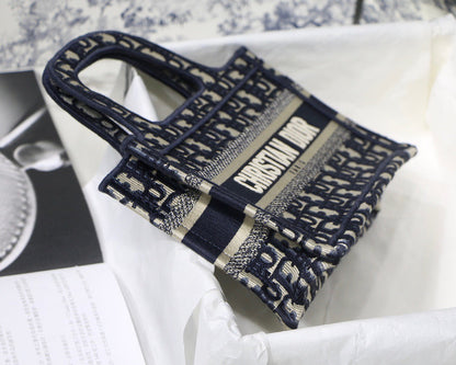 Blue Oblique Embroidery Mini Book Tote Leather Mini Bag for Women