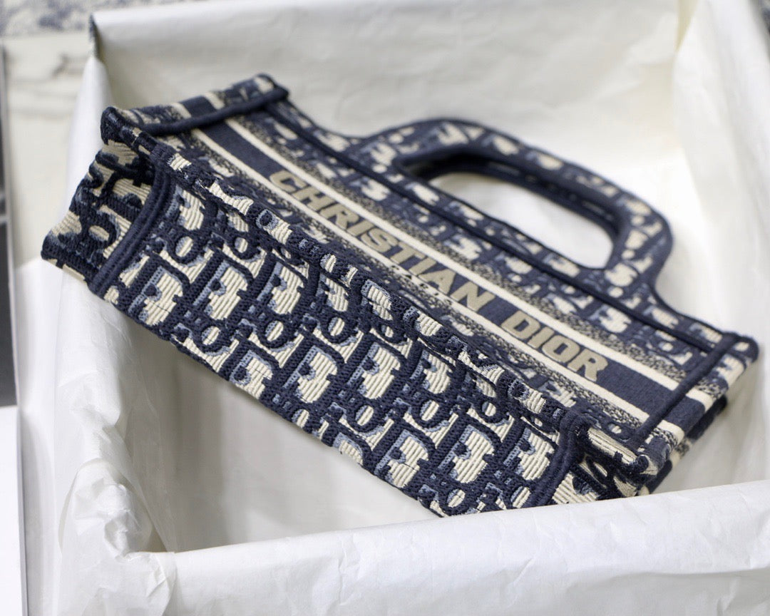 Blue Oblique Embroidery Mini Book Tote Leather Mini Bag for Women