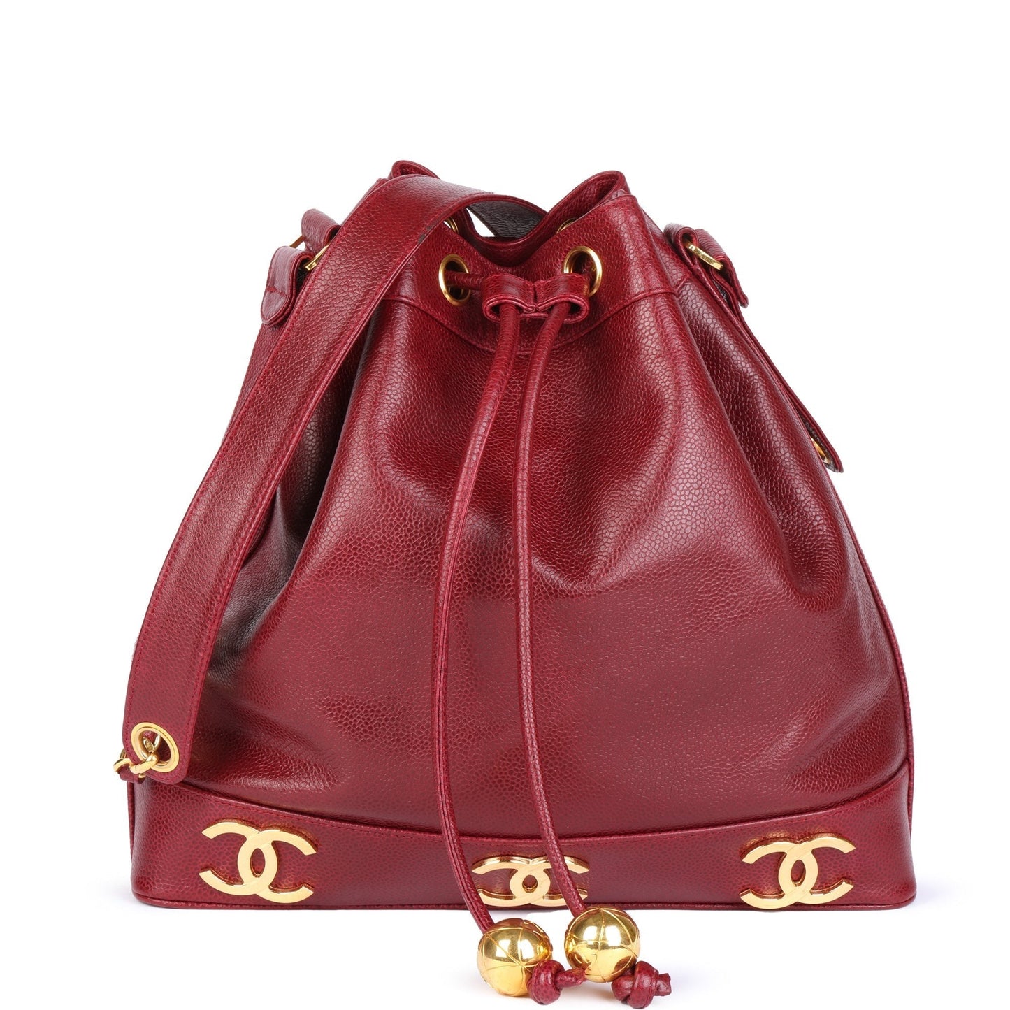 Chanel Bordeaux Caviar Leather Vintage Classic Logo Trim Bucket Bag with Pouch Shoulder Bag