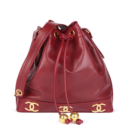 Chanel Bordeaux Caviar Leather Vintage Classic Logo Trim Bucket Bag with Pouch Shoulder Bag
