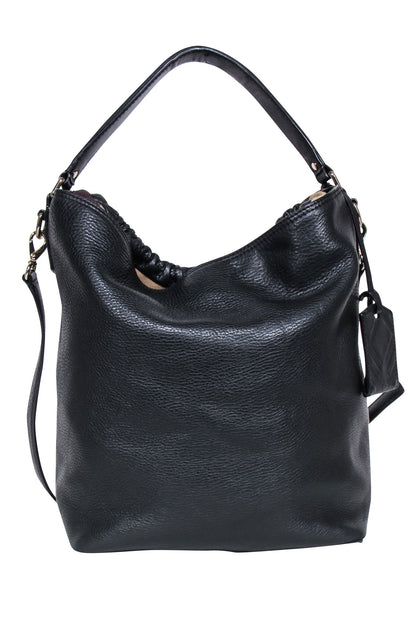 Burberry - Black Leather Large Bucket Bag w/ Signature Plaid Trim