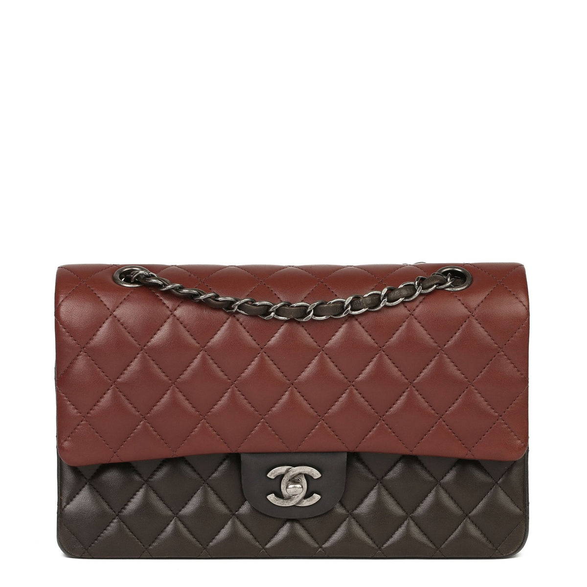 Chanel Burgundy, Black & Khaki Lambskin Medium Classic Double Flap Bag