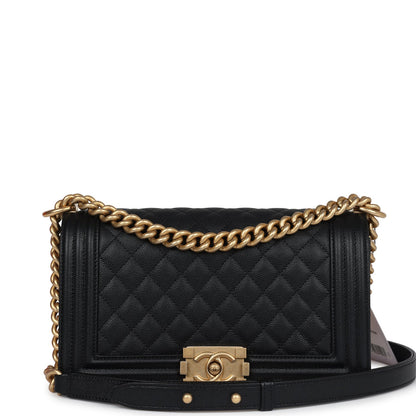 Chanel New Medium Boy Bag Black Caviar Antique Gold Hardware