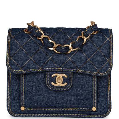 Chanel Square Flap Blue Denim Antique Gold Hardware