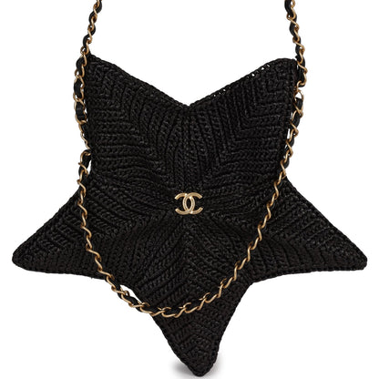 Chanel Star Coco Beach Bag Black Raffia Aged Gold Hardware