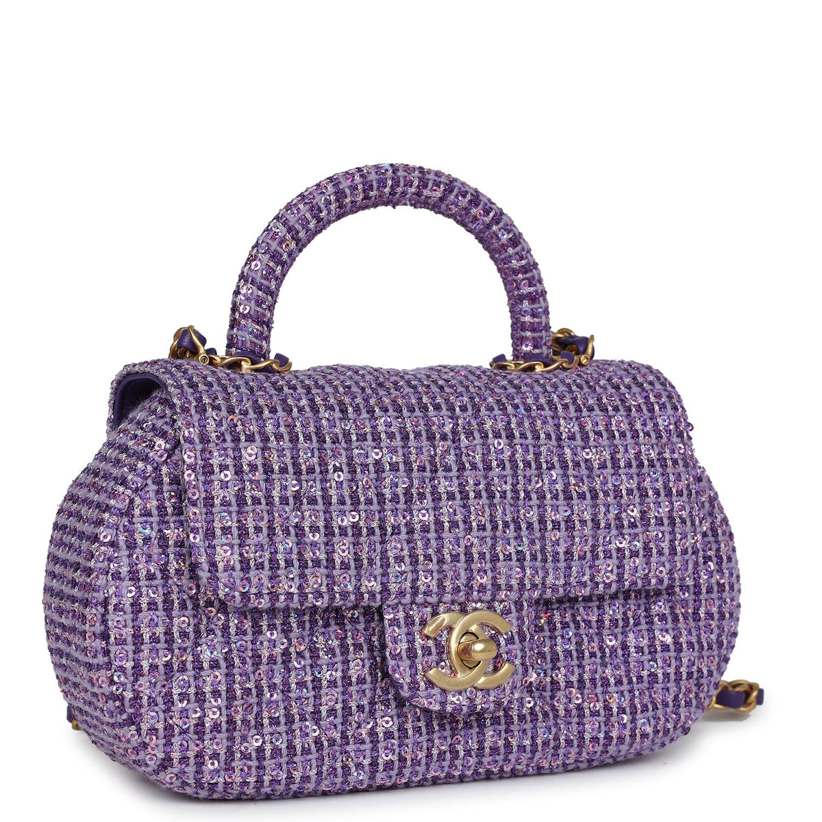 Chanel Mini Sequin Flap Bag with Top Handle Purple Tweed Antique Gold Hardware