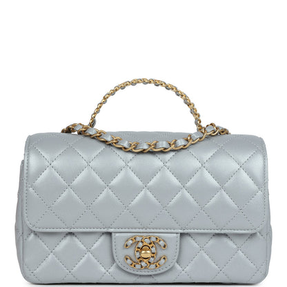 Chanel Mini Rectangular Flap Bag with Top Handle Grey Lambskin Antique Gold Hardware