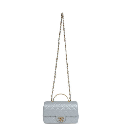 Chanel Mini Rectangular Flap Bag with Top Handle Grey Lambskin Antique Gold Hardware