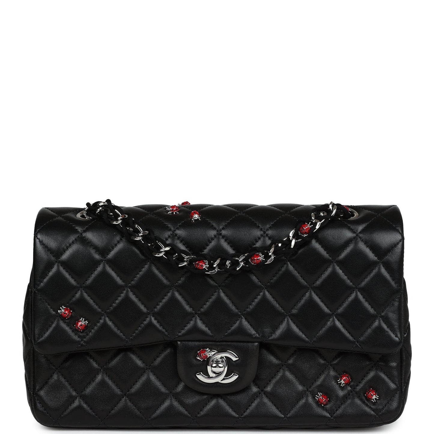 Chanel Medium Lady Bug Single Flap Bag Black Lambskin Silver Hardware