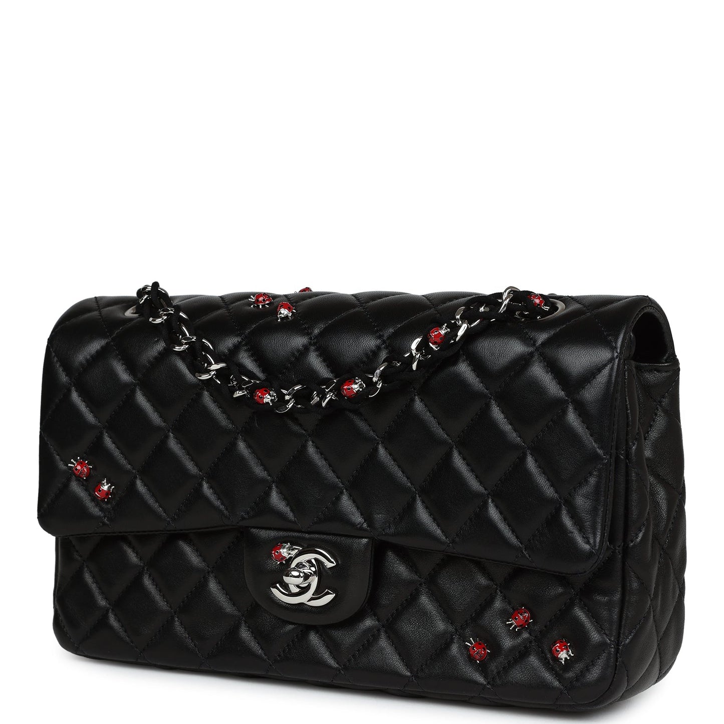 Chanel Medium Lady Bug Single Flap Bag Black Lambskin Silver Hardware