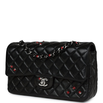Chanel Medium Lady Bug Single Flap Bag Black Lambskin Silver Hardware