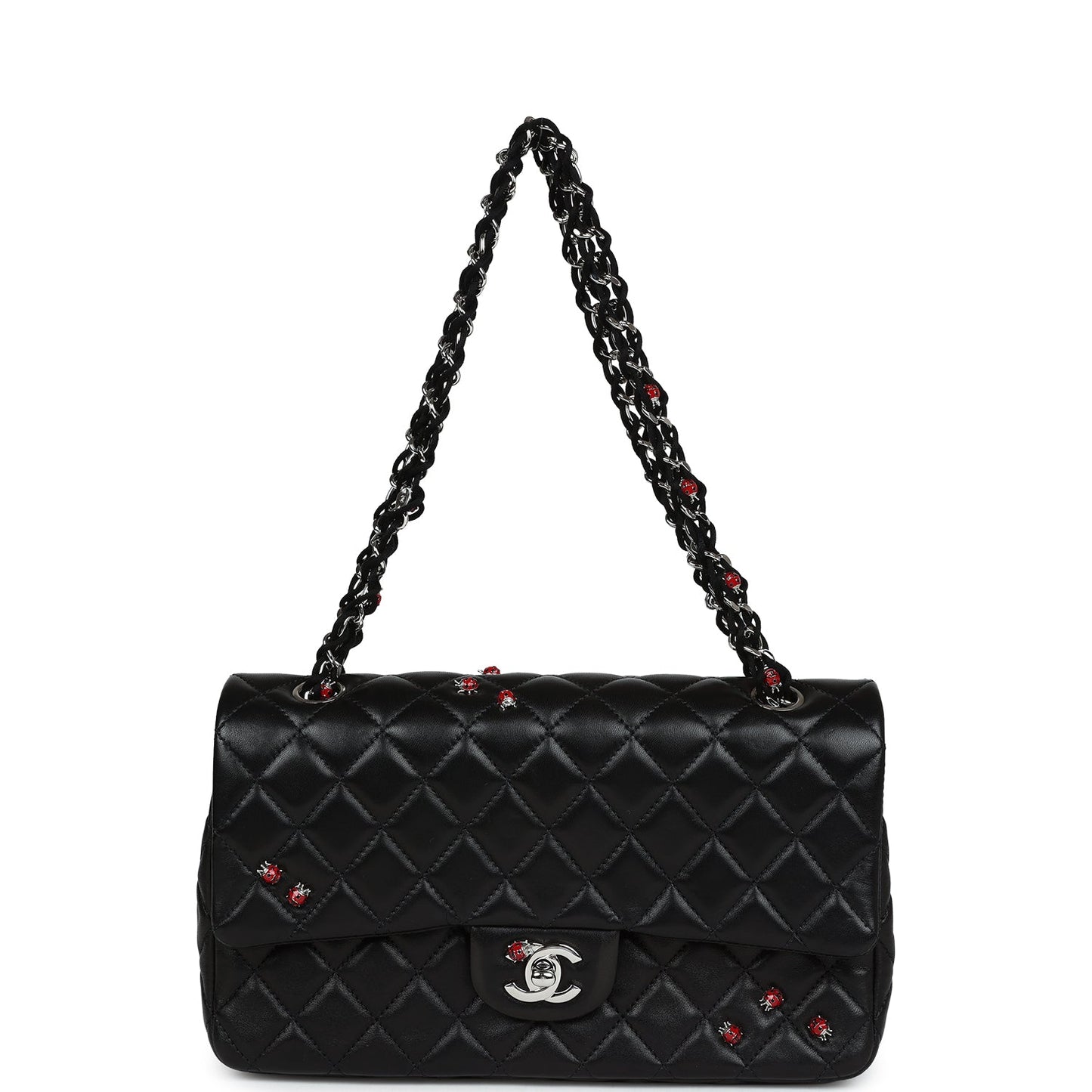 Chanel Medium Lady Bug Single Flap Bag Black Lambskin Silver Hardware