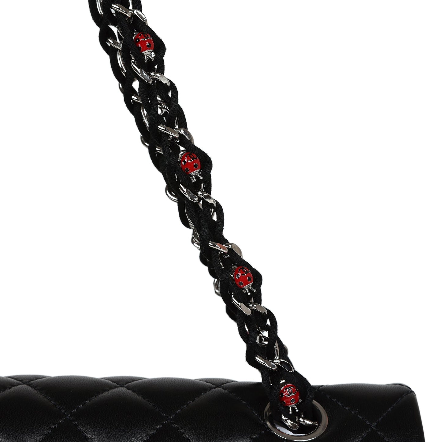 Chanel Medium Lady Bug Single Flap Bag Black Lambskin Silver Hardware
