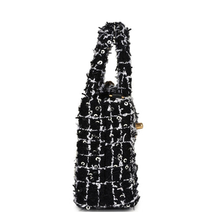 Chanel Nano Kelly Shopper Black, White & Silver Sequin Tweed Brushed Gold Hardware