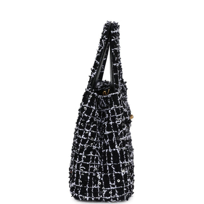 Chanel Small Kelly Shopper Black, White & Silver Sequin Tweed Brushed Gold Hardware