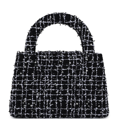 Chanel Small Kelly Shopper Black, White & Silver Sequin Tweed Brushed Gold Hardware