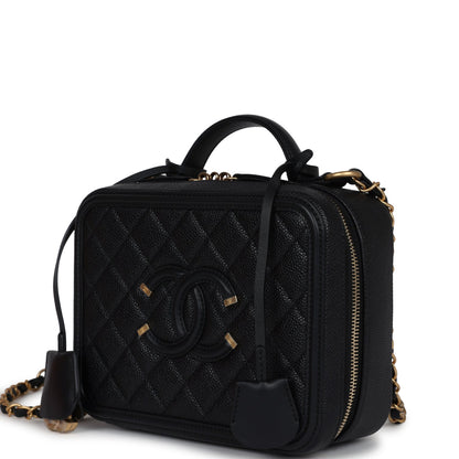 Chanel Medium CC Filigree Vanity Case Black Caviar Antique Gold Hardware