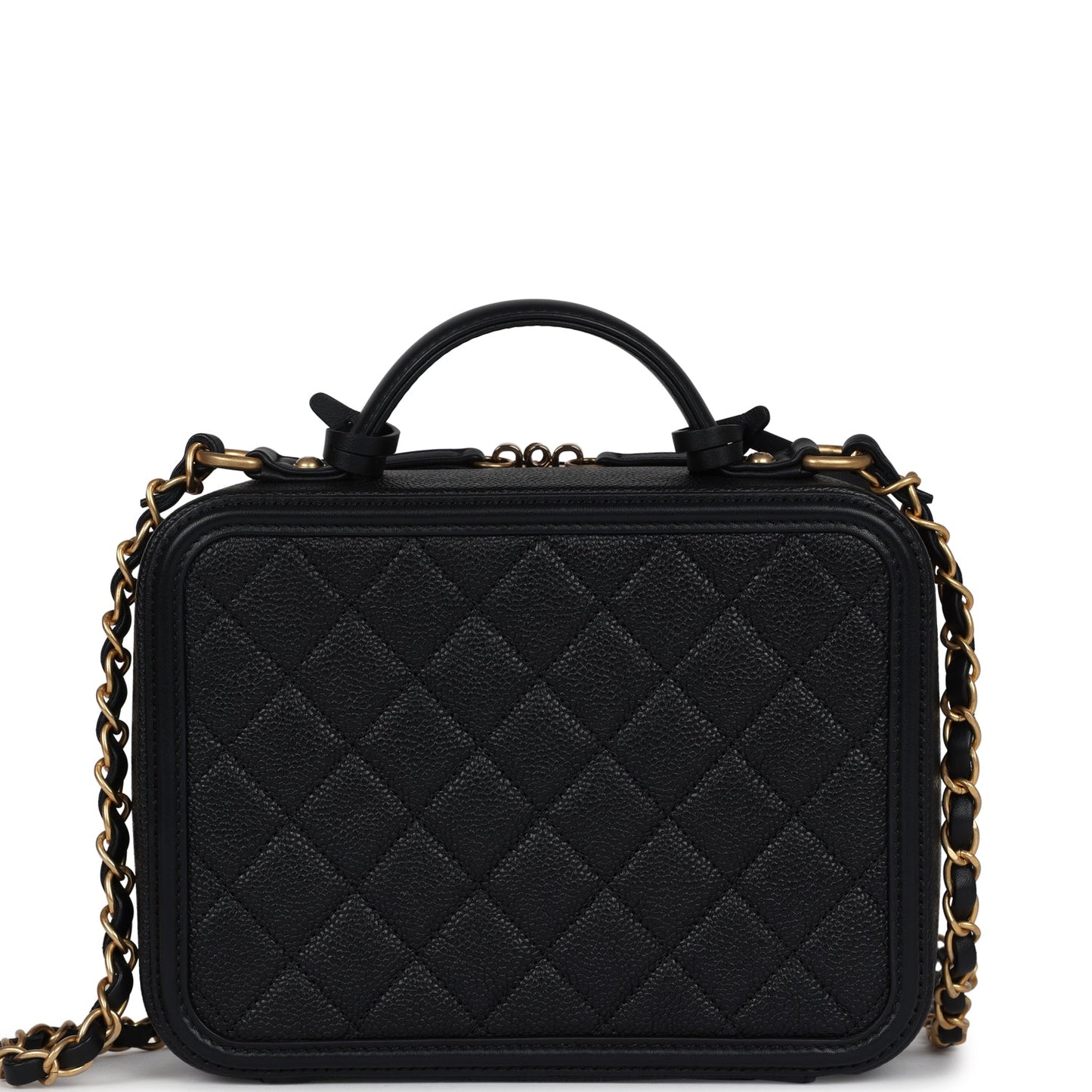 Chanel Medium CC Filigree Vanity Case Black Caviar Antique Gold Hardware