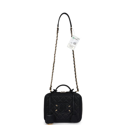Chanel Medium CC Filigree Vanity Case Black Caviar Antique Gold Hardware