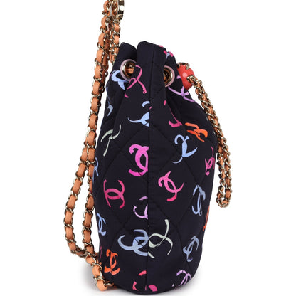 Chanel Medium CC Drawstring Backpack Multicolored Printed Fabric Light Gold Hardware