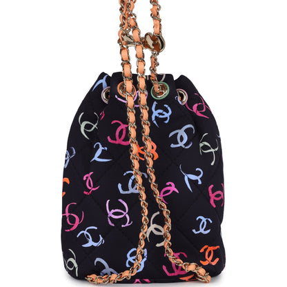Chanel Medium CC Drawstring Backpack Multicolored Printed Fabric Light Gold Hardware