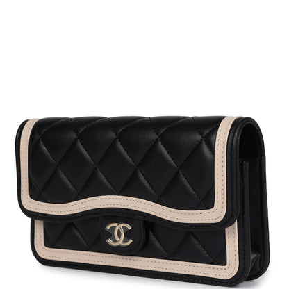 Chanel Flap Phone Holder with Chain Black and Light Beige Lambskin Light Gold Hardware