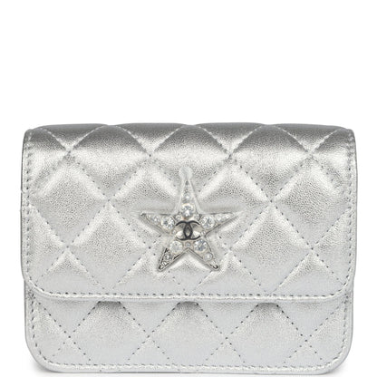 Chanel Crystal CC Walk Of Fame Clutch Wallet Silver Metallic Goatskin Silver Hardware