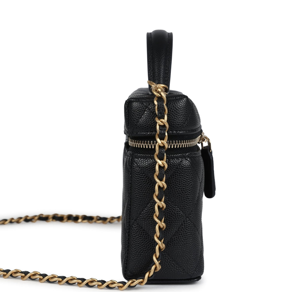 Chanel Top Handle Long Vanity Case With Chain Black Shiny Caviar Brushed Gold Hardware
