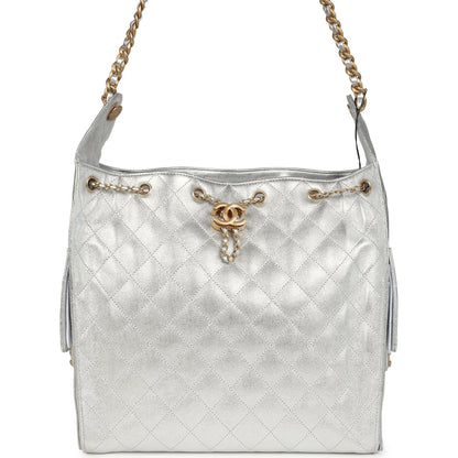 Chanel Medium 25 Hobo Bag Metallic Silver Caviar Antique Gold Hardware
