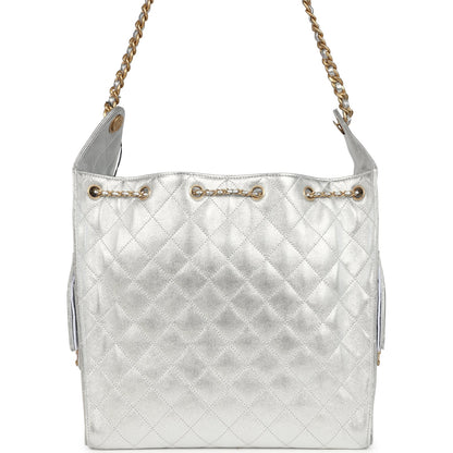 Chanel Medium 25 Hobo Bag Metallic Silver Caviar Antique Gold Hardware