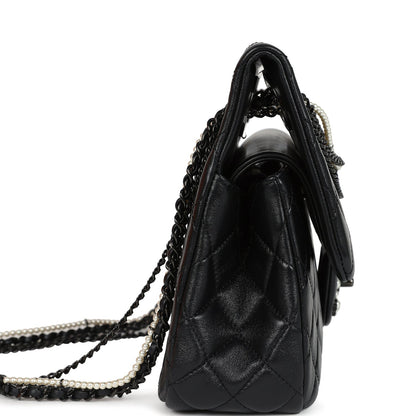Chanel Large Double Flap Bag with Pearl Cut Out Handle Black Shiny Lambskin Black Hardware