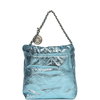 Chanel Mini 22 Bag Blue Metallic Calfskin Brushed Gold Hardware