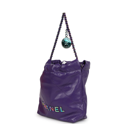 Chanel Mini 22 Bag Dark Purple Lambskin Rainbow Hardware