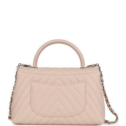 Chanel Medium Coco Top Handle Flap Bag Light Beige Chevron Caviar Light Gold Hardware