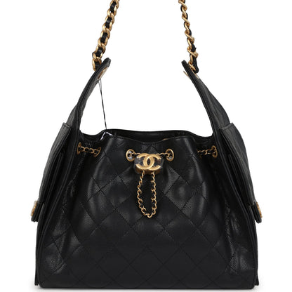 Chanel Small 25 Hobo Bag Black Caviar Antique Gold Hardware