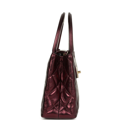 Chanel Small Kelly Shopper Metallic Burgundy Calfskin Brushed Gold Hardware