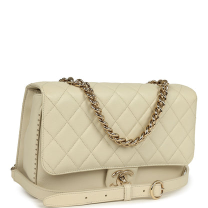 Chanel Large Chain Handle Flap Bag Ivory Caviar and Calfskin Light Gold Hardware