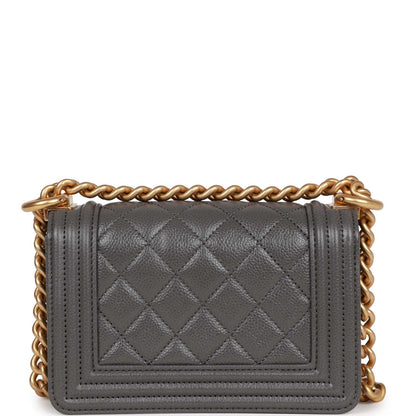 Chanel Mini Boy Bag Grey Caviar Antique Gold Hardware