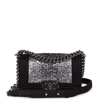 Chanel Small Boy Bag Black Suede and Silver Python Silver Hardware