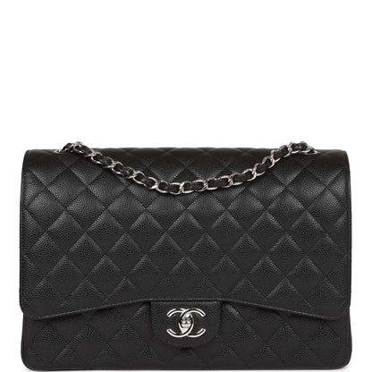Chanel Maxi Classic Double Flap Bag Black Quilted Caviar Silver Hardware