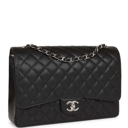 Chanel Maxi Classic Double Flap Bag Black Quilted Caviar Silver Hardware
