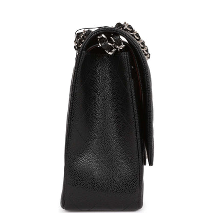 Chanel Maxi Classic Double Flap Bag Black Quilted Caviar Silver Hardware