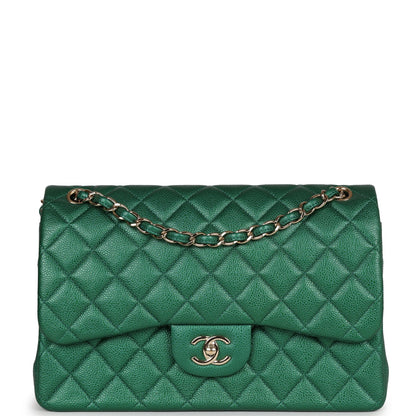 Chanel Jumbo Classic Double Flap Bag Emerald Green Caviar Light Gold Hardware