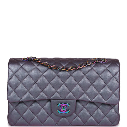 Chanel Medium Classic Double Flap Bag Iridescent Purple Mermaid Goatskin Rainbow Hardware