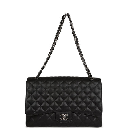 Chanel Maxi Classic Single Flap Bag Black Caviar Silver Hardware