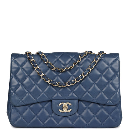 Chanel Jumbo Classic Single Flap Bag Blue Lambskin Brushed Gold Hardware