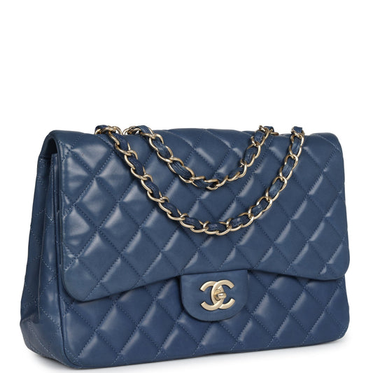 Chanel Jumbo Classic Single Flap Bag Blue Lambskin Brushed Gold Hardware